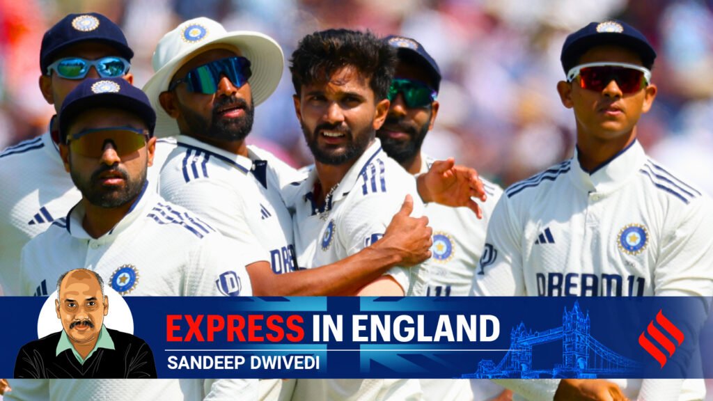 Nitish Kumar Reddy, center, celebrates with India teammates after the dismissal of England's Zak Crawley during the fourth day of the third IND vs ENG cricket Test match at Lord's cricket ground in London.(AP Photo)