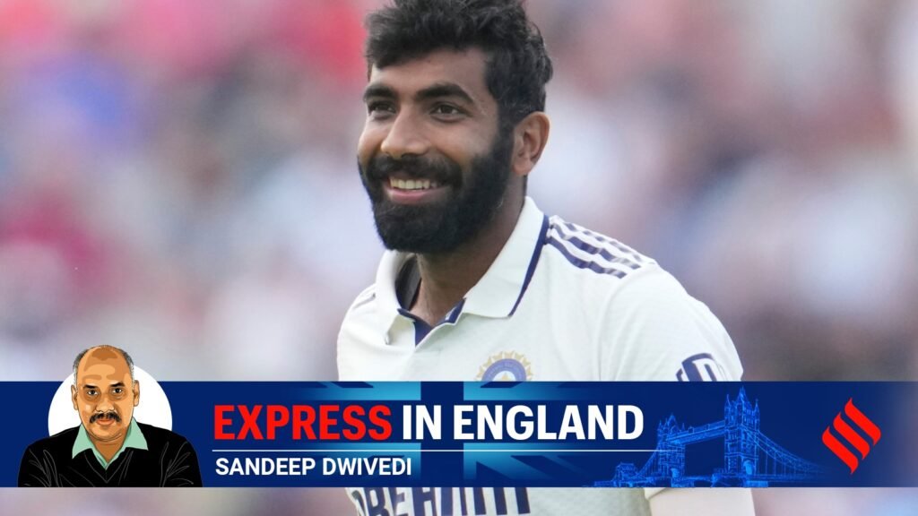India's Jasprit Bumrah smiles as he celebrates the dismissal of England's Jamie Smith on the third day of the fourth cricket test match between England and India at Emirates Old Trafford, Manchester, England, Friday, July 25, 2025. (AP Photo)