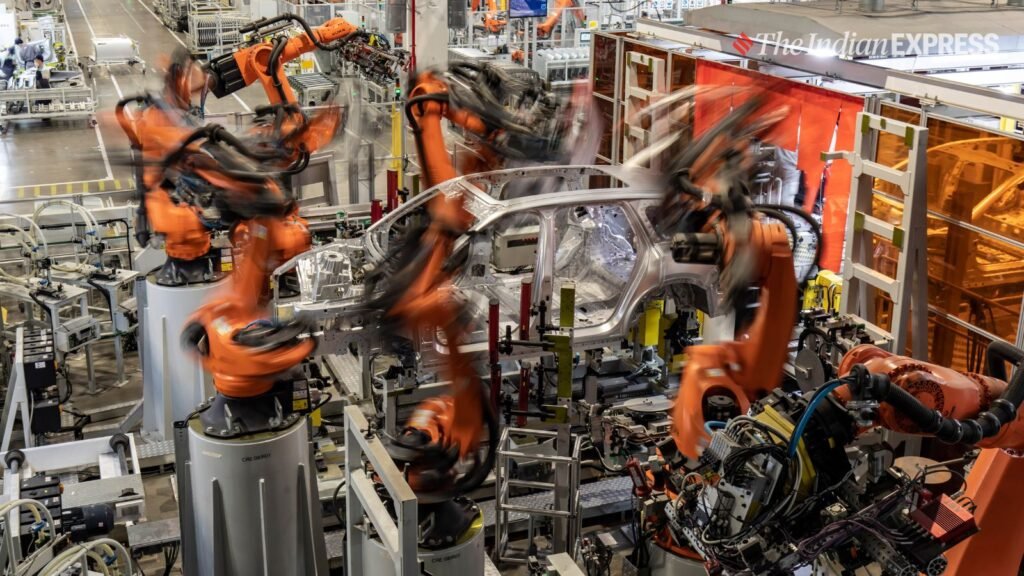 A robotic vehicle assembly line in Hefei, China, on Dec. 4, 2023. China is making and installing factory robots at a far greater pace than any other country, with the United States a distant third, further strengthening China’s already dominant global role in manufacturing. (Qilai Shen/The New York Times)